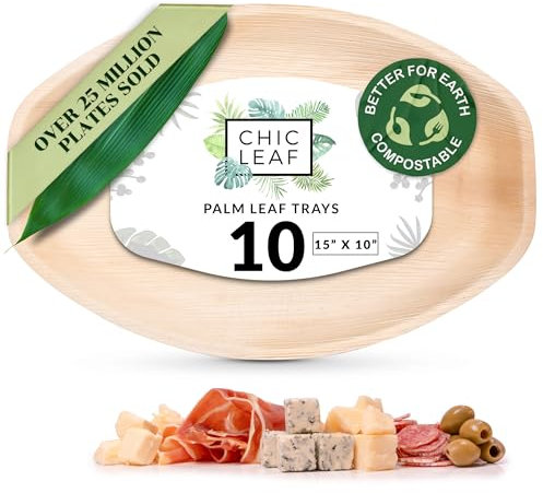 Chic Leaf Bandeja rectangular compostable y desechable de 15 x 10 pulgadas para el 4 de julio, tablero de embutidos para fiestas, catering y aperitivos de boda, platos de fiesta de hoja de palma (10