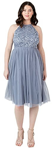 Maya Deluxe Abito Longuette con Scollo all'Americana Vestito per Damigella d’Onore, Blu Polvere, 40 Donna