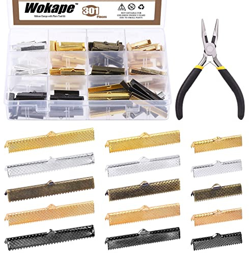 Wokape 301 Stück 5 Farben 3 Größen 30 mm 40 mm 50 mm Bandenden Crimpenden Klemmen mit Nadelzange Set, Erkenntnisse Kordelenden Verschlüsse Leder Crimpenden Enden für Schmuck DIY Handwerk