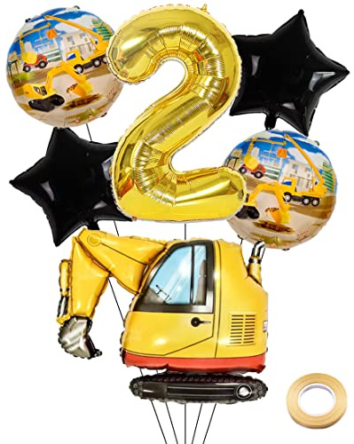 Kawailay Construction 2 anniversaire fête ballon 2 anniversaire décoration construction ballon pelle géante bulldozer Foil ballon 32 pouces or 2 ans ballon à hélium Fête d'anniversaire garçon