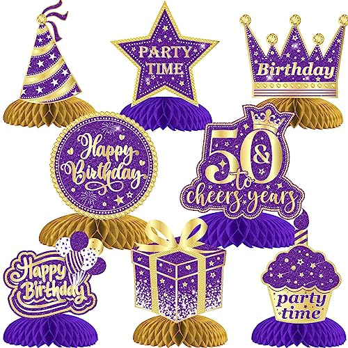 Cheereveal 8 Stück 50. Geburtstag Dekorationen Lila Gold, 50. Wabenaufsätze für Tische, Prost bis 50 Jahre Tischdekorationen für Frauen 50 Jahre Geburtstag Party Dekoration Supplies