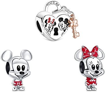 Doyafer, Confezione da 3 ciondoli in argento Sterling 925, motivo Iron Man, Winnie the Pooh, Topolino e Minnie, alla moda, da donna, per bracciali e collane, Zirconia cubica