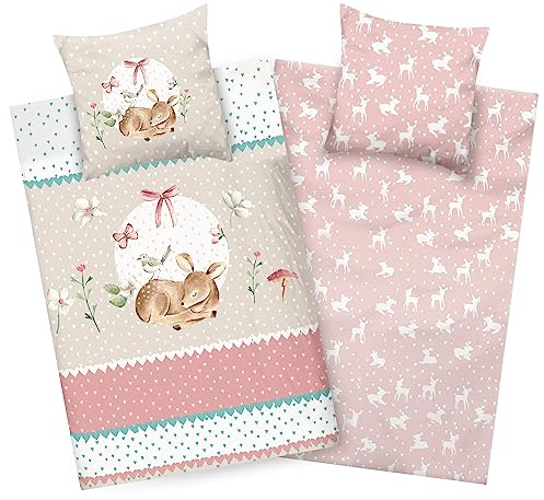 Aminata kids Kinderbettwäsche 135x200 + 80x80 - REH Bettwäsche für Mädchen - 100% Baumwolle, weiche Wendebettwäsche mit Reißverschluss - für traumhafte Nächte