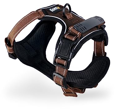 lionto Hundegeschirr gepolstert aus weichem Nylon, Größe XL, reflektierendes Anti Zug Geschirr für Hunde mit 2 Ringen & 4 Einstellgurten, Zwei Klickverschlüsse & gummierter Griff am Rücken, braun