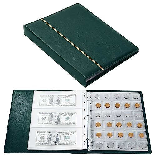 Fippy 150 Taschen Münzalbum, Münzen und Geldscheine Sammelalbum, Leder Münzen Aufbewahrung Album zum Sammeln von Münze Papier Geld Stempel (Grün)