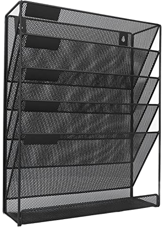 Tissting Wand Zeitungshalter 5 Etagen Schwarz Metall Netz Prospekthalter mit Klebehaken, Desktop Vertikaler Zeitschriften Document Organizer A4 Papierhalter für Zeitungsordner Mails