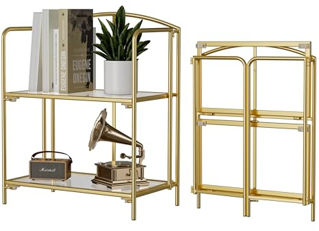 Crofy No Assembly Folding Bookshelf for Living Room, 2 Tier Gold Collapsible Book Shelf for Home Office, Portable Bookcase Storage Organizer