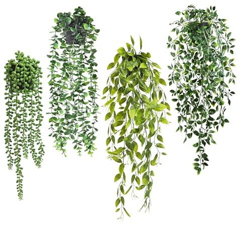 ROLLWAY 4 Pezzi Piante Artificiali Rampicanti con Vaso Piante Finte Da Interno Pianta Finta Cadente con Vaso Piante Finte Appese Edera Finta per Balconi Parete Porta Interno Esterno (4 pezzi)