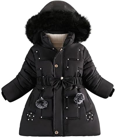 Runstarshow Girls' Winter Jacket - Padded Hooded Parka with Detachable Hood, Fur Collar, Belt Pockets - Warm School Coats for Girls Aged 3-12 Years