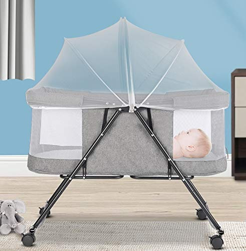 XDAILUYYDS Beistellbett Baby, Stubenwagen Babybett, Mobiles Kinderbett, Babywiege mit Moskitonetz+Räder, Multifunktionsbett, Faltbar Tragbares Bett für Säuglinge/Neugeborene (106 * 92 * 55cm)