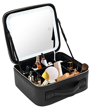 Sminkväska, PU arrangör fodral makeup bärväska, kosmetisk arrangörslåda, resa sminkväska med ljus och spegel, sminkväska kosmetisk väska med lås, svart, Stor makeup-konstnär organiseringssats