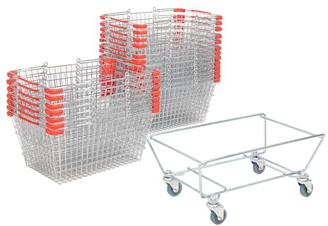 Sammelwagen mit 20 Metalleinkaufskörbe 22 Liter, rollbarer Korbwagen mit Schiebegriff, 20 Körbe aus verchromten Metall bis 30 kg belastbar, Korbstapelwagen bis 40 kg belastbar