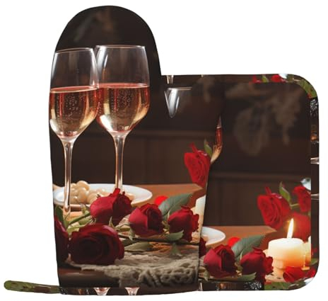 Oven Mitts and Pot Holders Set of 2 Roses and Wine Glasses Print Kitchen Oven Glove Fashion Heat Resistant Oven Gloves set for BBQ Grill Baking Cooking