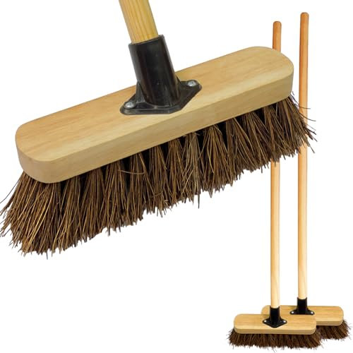 10” Outdoor Yard Broom with Wooden Handle Stiff Bassine Hard Bristle Broom with Durable Support Bracket Garden Brush Heavy Duty for Driveways, Sidewalks, Patios and Deck (PACK OF 2)