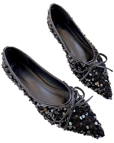 Minetom Femmes Ballerines à Bout Pointu Confortable Paillettes Fête Soirée Mariage Chaussures Plates à Enfiler C Noir 41 EU