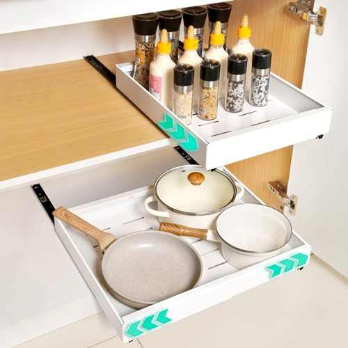 Teleskopschublade,Dehnbar Ausziehbarer Schrank Organizer, Kohlenstoffstahl Ausziehbare Schubladen Aufbewahrungsregale,Sanft Verschiebbar Korbauszug Küchenschrank (Weiß, Expandierbare Breite 32-48cm)