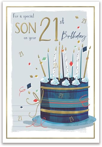 ICG 21st Birthday Card for Son - Age 21 Stylish Cake & Confetti Design - Embossed Foil Finish - Premium Greeting Card with Envelope