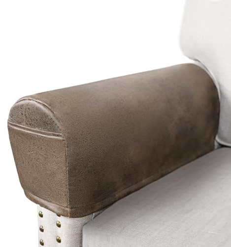 ANARACHON Leather Look Couch Arm Covers Set of 2 Armrest Covers for Sofa Chair Arm Protectors Stretch Armchair Slipcovers with Pockets Washable Spandex Fabric (Medium, Light Brown)