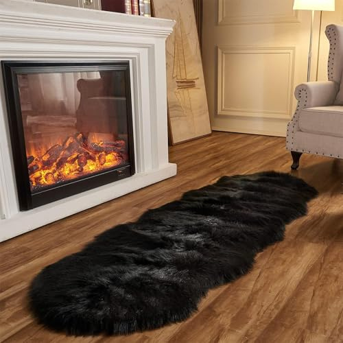 JXLOULAN Tappeto in finta pelle di agnello nero 80x180 cm, tappeto soffice per soggiorno, decorazione, pelo lungo, morbido tappeto in pelliccia per sedie, divano, camera da letto, cameretta dei