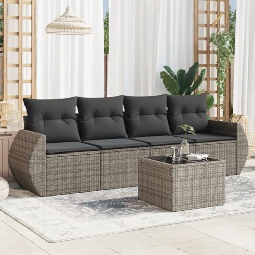 THOYTOUI 5-TLG. Garten-Sofagarnitur, Outsunny gartenmöbel Outdoor Furniture Möbelsets Gartengarnitur Set Geeignet für Balkon Garten Veranda Terrasse mit Kissen Grau Poly Rattan