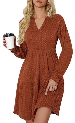 Ritiriko Damen Herbst Tunika Kleid V-Ausschnitt Casual Lose Swing Kleid Strickkleid Mini Kleider mit Taschen Karamell M