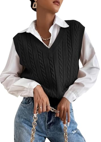 shownicer Gilet Pulls sans Manche Femme Chaud Femme Pull en Tricot Gilets Col V Sweater Casual Basique Automne Hiver A Noir S
