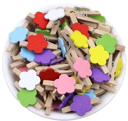 Rockreyoa Lot de 50 petites pinces à linge en bois en forme de cœur - Multicolore - Petites pinces à linge décoratives - Couleurs :