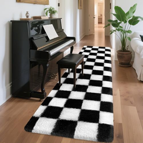 MondayRug Black and White Checkered Runner Rug 2x8 Ft Washable Shaggy Fluffy Rug for Bedroom Living Room Plaid Runner Rug Fuzzy Shag Carpet Non Slip for Bedside Hallway Sofa Home Dorm