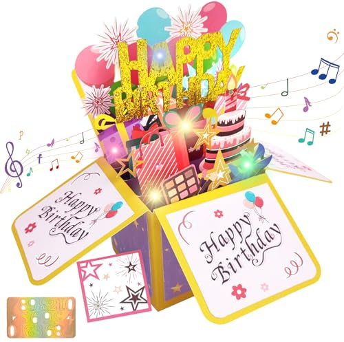 YOUYIKE Caja de Regalo Emergente 3D, Tarjeta de Feliz, Tarjetas Pop Up 3d Cumpleaños de Música con Vela de Luz LED y 0-9 Números, Regalo de Cumpleaños para Mujeres, Hombres y Niños