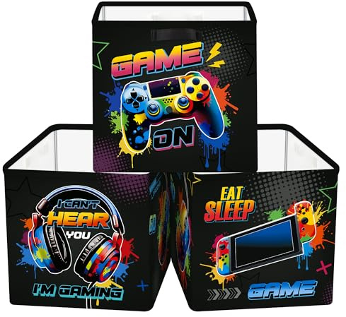 HUUMONSS 30cm Aufbewahrungsbox 3 Stück Gamer Neon Schild Aufbewahrungskorb Kinder Falt Spiel Controller LED Headset mit Griffen Aufbewahrungswürfel Organizer für Spielzeug Bücher Kleidung,Graffiti