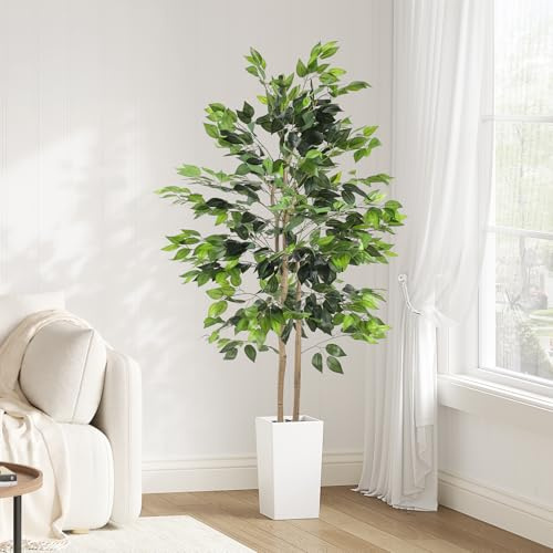 YOLEO Kunstpflanze Ficus Benjamini 170cm mit weißem Topf | Kunstbaum Ficusbaum wie echt, Birkenfeige für Wohnzimmer, Büro, Garten
