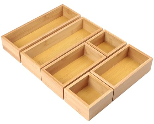 DBREAKS 6-pack lådorganisatör, förvaringslåda i bambu, organisationssystem för lådor av trä, stapelbar, för kök, smink, badrum, kontor (natur)