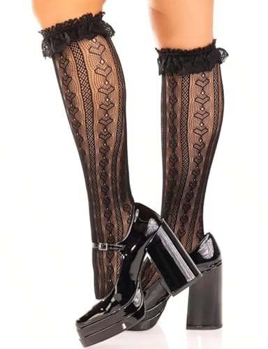 Amazleer Knee High Lace Ruffle Socks, Sheer Fishnet Patterned Stockings, Frilly Lolita Tube Socks for Women (UK, Alpha, One Size, Regular, Regular, Black)