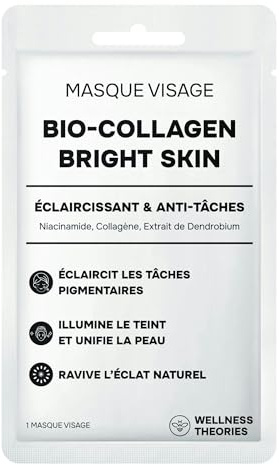 Wellness Theories - Masque Visage Bio-Collagen Bright Skin - Soin de la Peau Éclaircissant, Anti-Taches, Illuminateur de Teint - Collagène, Niacinamide - Korean Cosmetic Research - 1 Masque