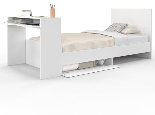 IDMarket - Cama individual Omaha 90x190 cm con somier, cabecera, escritorio y almacenamiento, color blanco