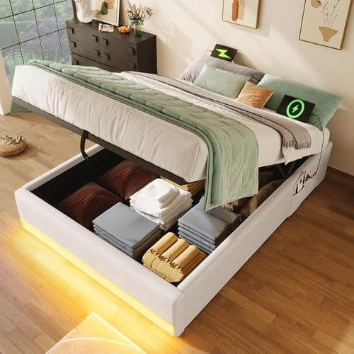 Bett 90x200 mit Stauraum,Polsterbett,Fernbedienbare LED-Leiste,Mit USB und Typ C,Aufbewahrungstaschen,einfacher Boxbett Jugendbett,Einzelbetten,Kinderbetten,ohne Kopfteil,Linen (Beige, 90×200cm)