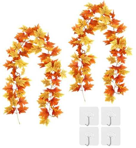 GWAWG Confezione da 2 ghirlande artificiali autunnali con foglie d'acero, 1,75 m, ghirlanda di vite da appendere, foglie artificiali, decorazione per il Ringraziamento, decorazione per la casa