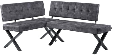 B&D home® Eckbank EKA L-Kombi 120×120 cm – modulare Esszimmerbank mit Lehne, beidseitig montierbar (Links/rechts), Kufen-Metallgestell, pflegeleichter Bezug in Anthrazit