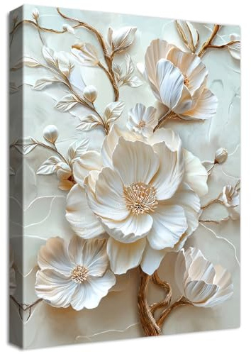Fiore di Peonia Bianca 3D Quadri Moderni Quadro Moderno Stampa su Tela Con Cornice Fiori Beige Pittura Immagine Quadri su tela Quadretti da Parete Soggiorno Camera da Letto Corridoio 30x40cm