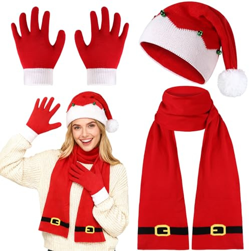 Beipegin Gorro Bufanda de Punto Guantes Invierno,Santa Claus Gorro Elfo Sombrero,Gorros Navideños Bufanda Navideña Navidad Accesorios Fiesta para Hombre Mujer
