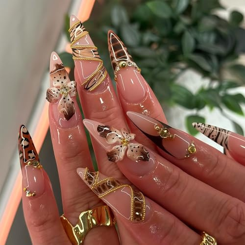 Auroriel 24 Pieces French Tip Press on Nails Long Almond Brown with Floral Leopard Print, Full Coverage Acrylic Artificial Nails Reusable for Women and Girls