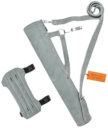 Carcaj de cuero gris para tiro con arco, cuero vacuno hecho a mano, correas ajustables para hombros y cintura, ganchos de liberación rápida, diseño duradero