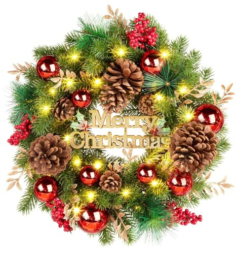 Gonetre Rot-grüner Weihnachtskranz mit LED-Lichtern für Weihnachtsdekorationen an der Haustür, 50 Cm, Karminrote Beeren, Tannenzapfen, Girlande, Weihnachtsdekorationen, Türkränze für (C)