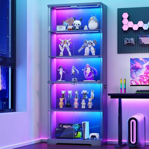 FREDEES RGB Display Cabinet with Glass Doors, 175CM, Grey | RGB Lights, 5-Tier Lockable Shelves for Collectibles/Figures/Books, Smart Human Sensor, For Living Room, Gaming Room