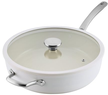 Circulon Halo with LaserDefense 30cm Induction Hob Ceramic Non Stick Saute Pan with Lid – Made Without PFAS, Non Toxic Ceramic Cookware, Dishwasher & Oven Safe Skillet Pan- Pearl White