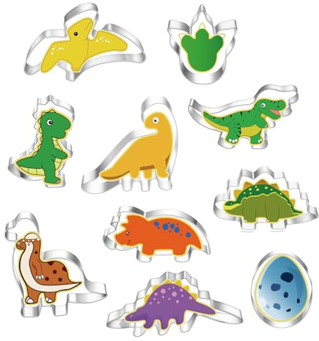 Dinosaur Cookie Cutters Set, 10 Pieces, Stainless Steel, Dinosaur Shaped Baking Mould for Parties