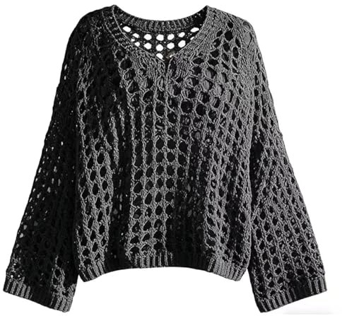GUOBOTT Top ajouré au Crochet - Pull Ample, Design décontracté à Manches Longues ajouré, Haut Respirant pour Femme (Noir,TG)