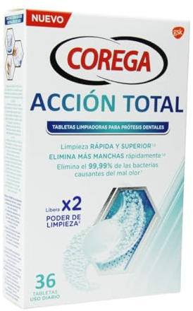 Corega Max Acción Total, Tabletas Limpiadoras Para Prótesis Dental, Cuidado e Higiene Oral Integral, Pastillas de Limpieza Diaria, Limpieza Profunda, 36 Tabletas