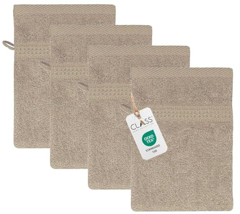 Class Home Collection Frottee Waschhandschuhe 16x21 cm – 4er Set Waschhandschuh – Besonders weiche & saugfähige Waschlappen aus 100% Baumwolle mit Aufhänger – Beige