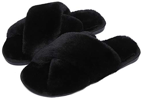 Fadezar Pantofole Peluche Donna Ciabatte da Casa Comode Invernali Moda Scarpe Sandali Slippers Nero EU 37/38
